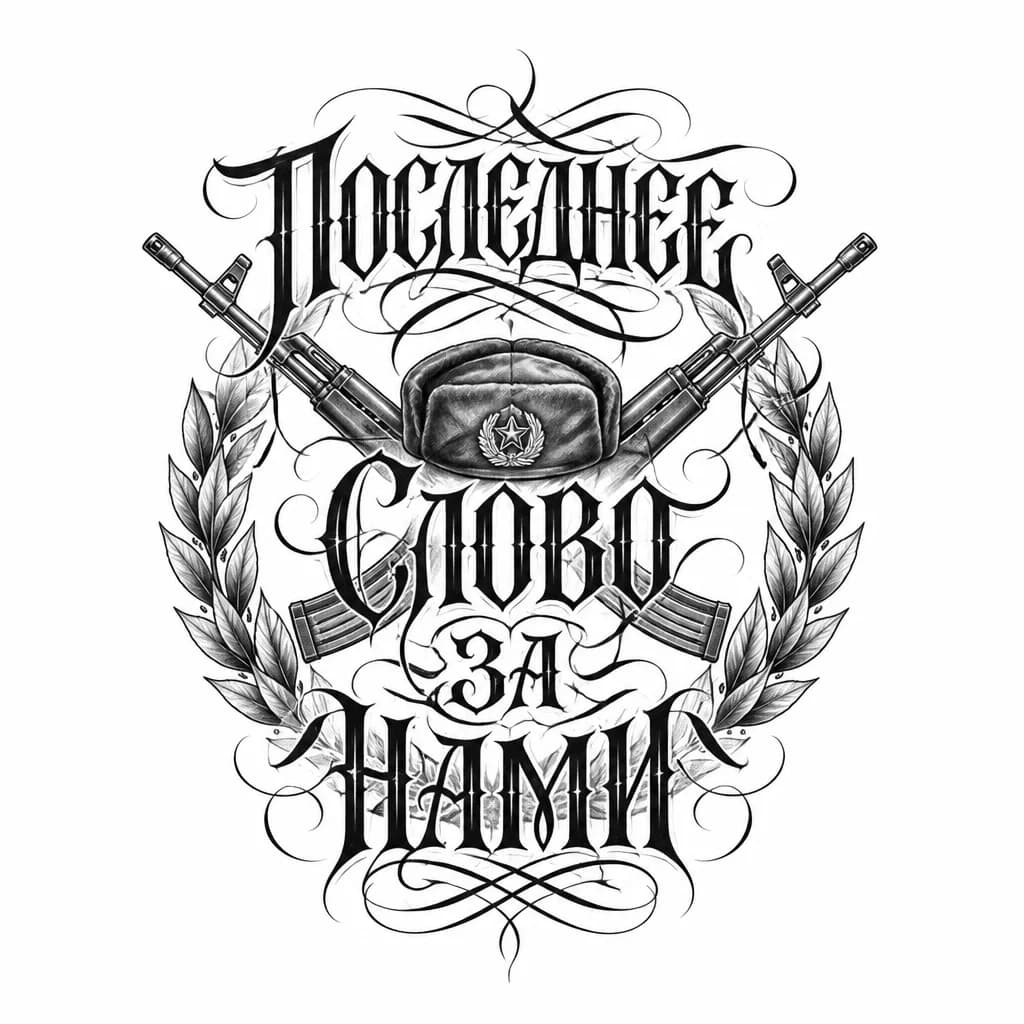 Тату эскиз: Перекрещеные автоматы с венком вокруг , по середине шапка бойца 