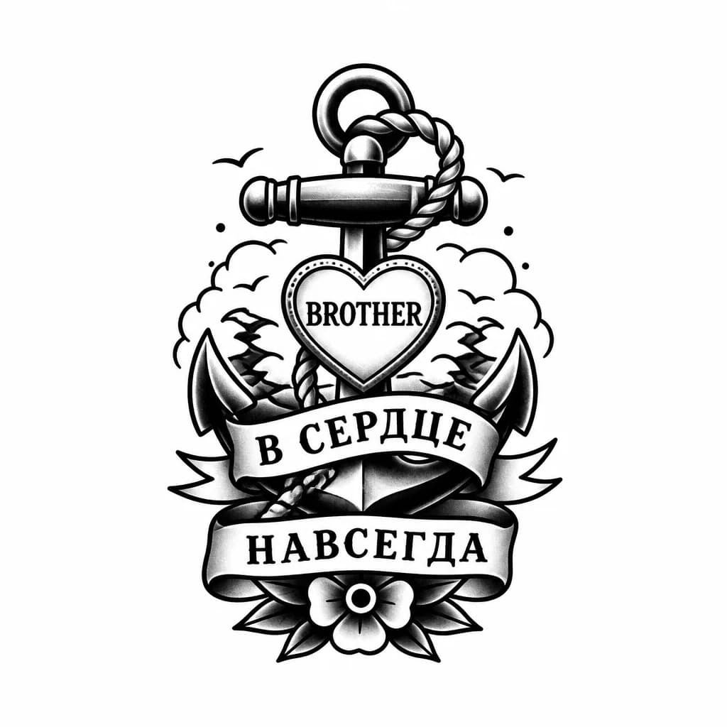 Тату эскиз:  Маленькое сердечко с надписью братик в середине на Английском 