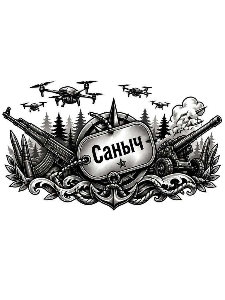 Тату эскиз: Жетон с надписью "Саныч" 
На фоне дроны, автоматы, леса, пушки артиллерийские