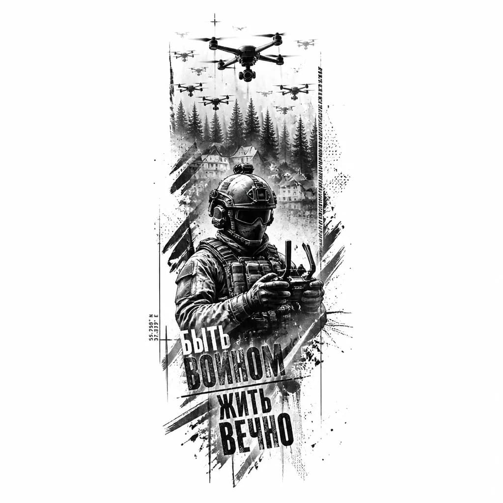 Тату эскиз: Оператор бпла в военной форме в шлеме с пультом в руках на фоне домов и леса, над ним рой дронов