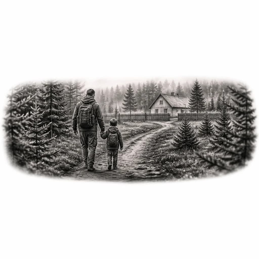 Тату эскиз: Отец с сыном идут по лесу из елок и сосен,по дороге,а в далеке стоит одноэтажный домик с забором 