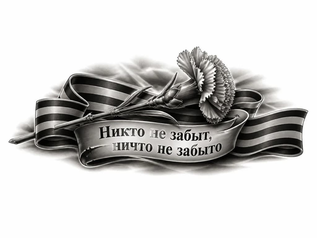 Тату эскиз: Георгиевская лента с одной красной гвоздикой и надписью « Никто не забыт, ничто не забыто»
