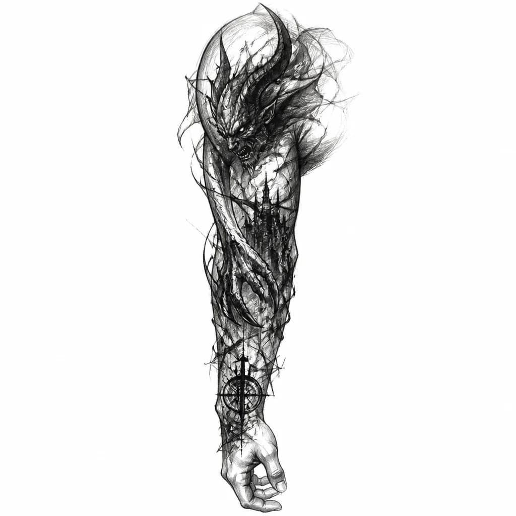 Тату эскиз: Создай цельный эскиз тату в мрачном blackwork-стиле: рукав, который начинается на предплечье, плавно поднимается через плечо и заходит на грудь. Композиция должна выглядеть как одна единая картина, а не набор отдельных элементов. Используй плотные черные массы, графичные контрасты, рваные края, дым, трещины, осколки и абстрактные переходы, чтобы все части естественно соединялись. Центральный образ — темный мифологический зверь или демоническая сущность, частично скрытая тенями, с ощущением движе
