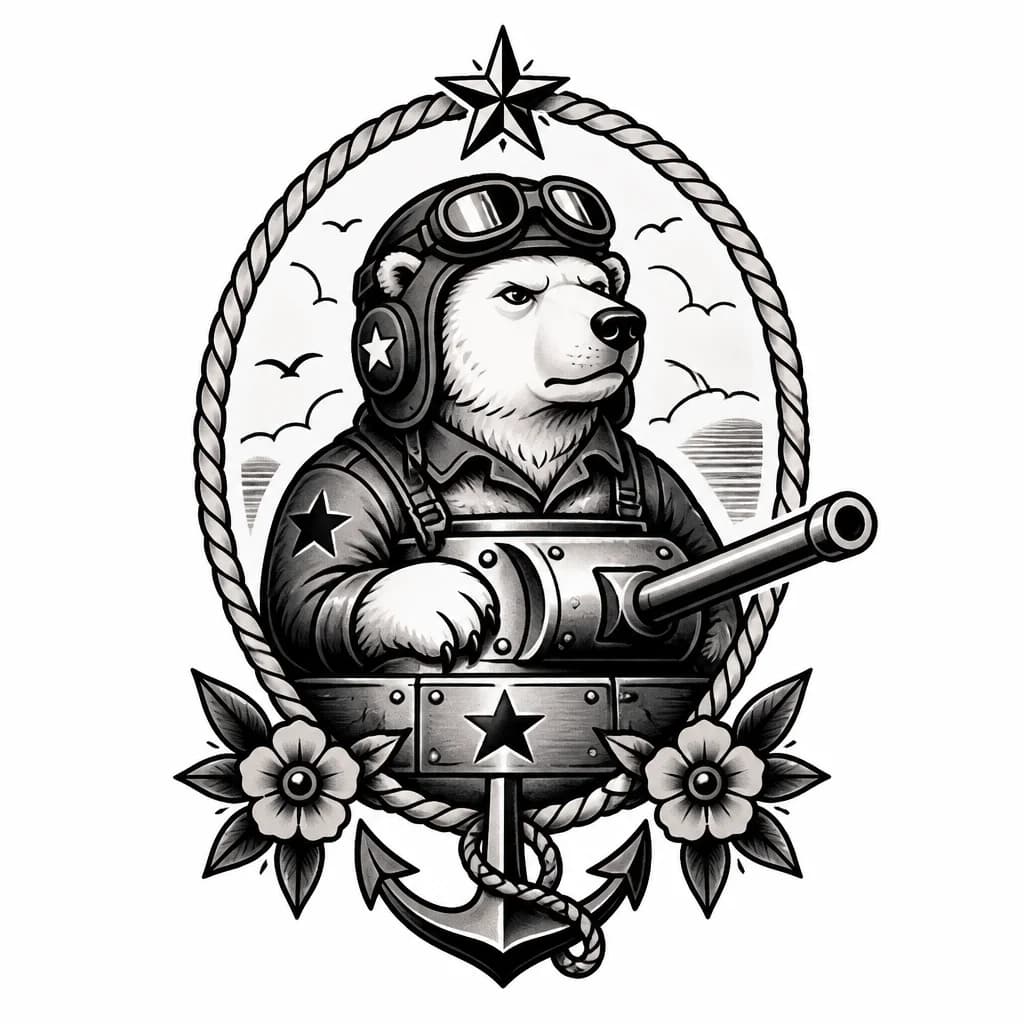 Тату эскиз: Военный белый медведь танкист