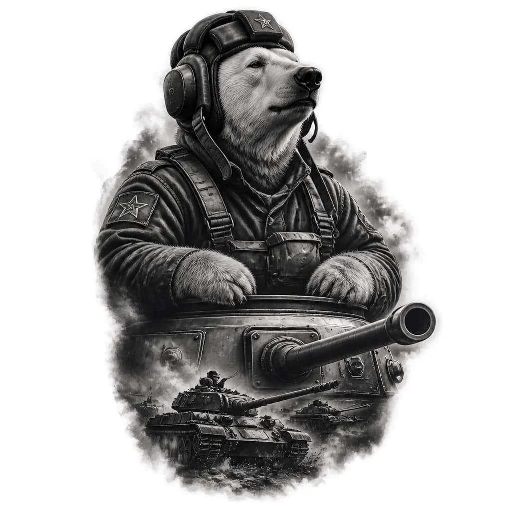 Тату эскиз: Военный белый медведь танкист