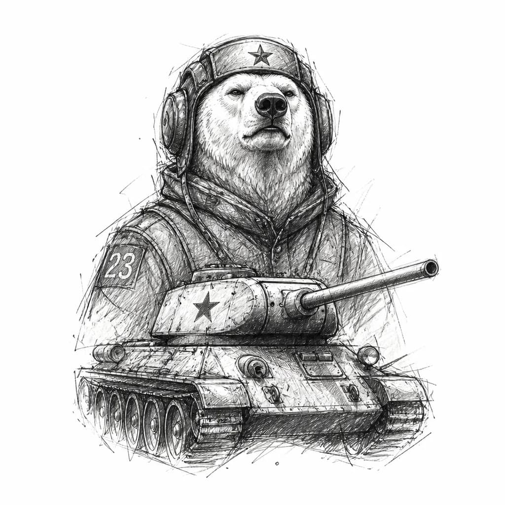Тату эскиз: Военный белый медведь танкист