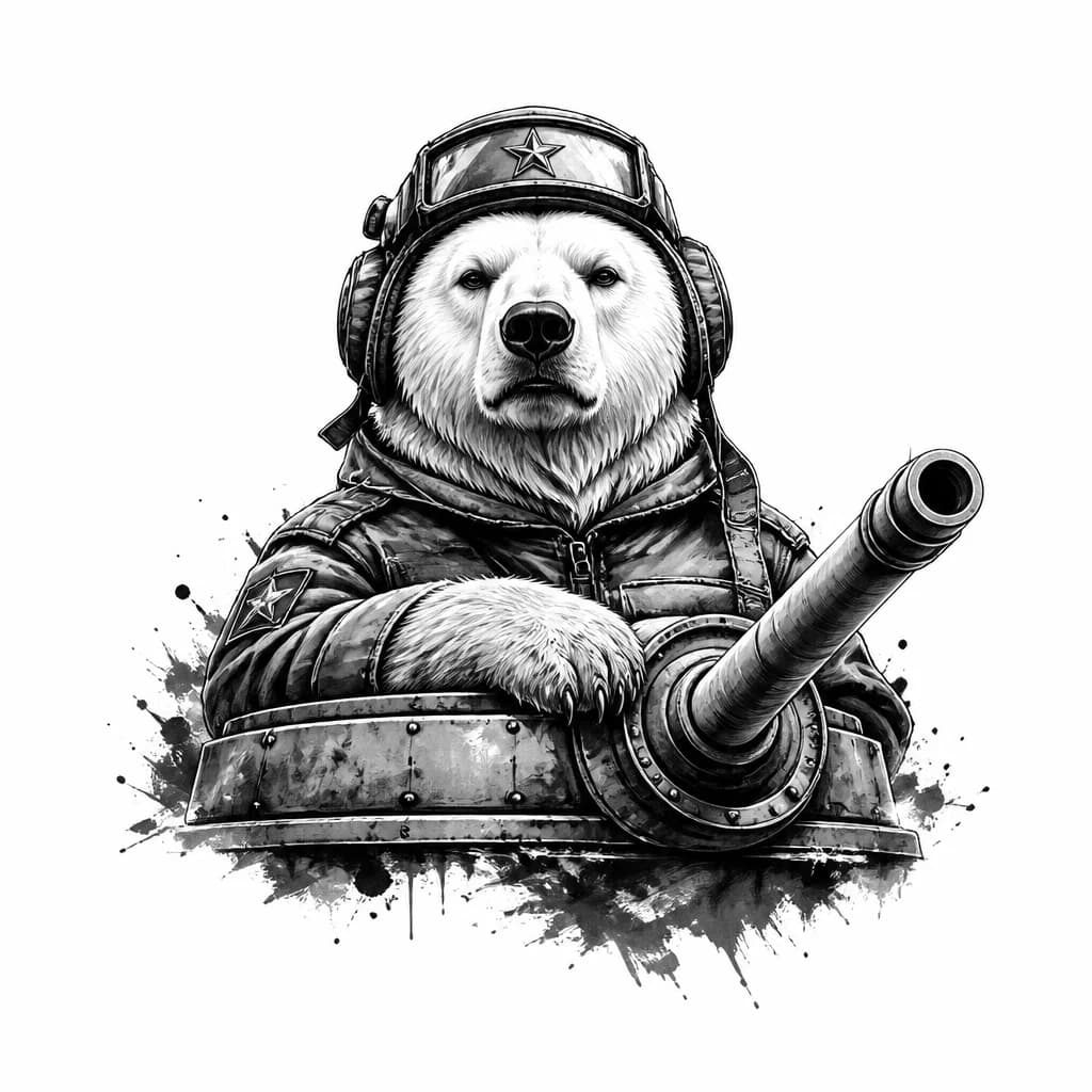Тату эскиз: Военный белый медведь танкист