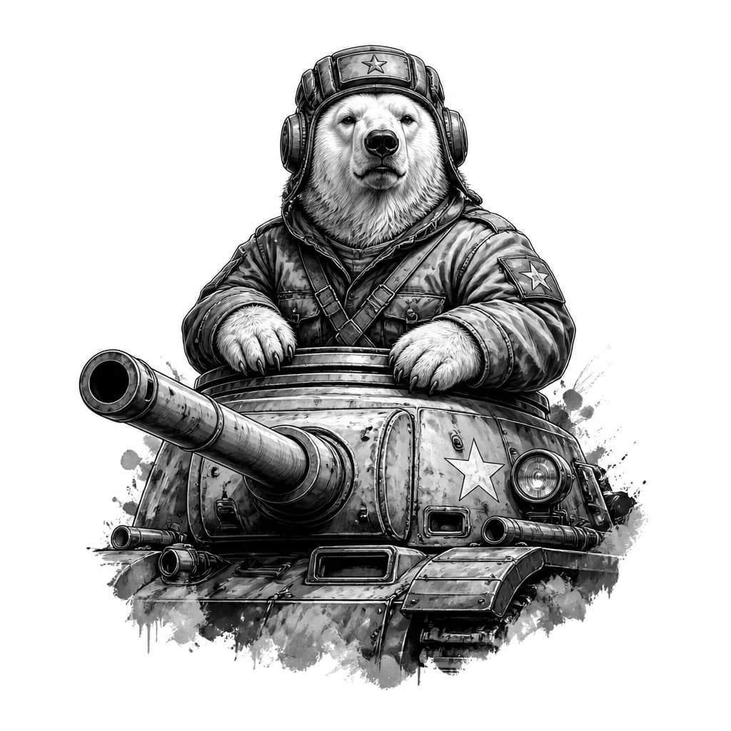 Тату эскиз: Военный белый медведь танкист