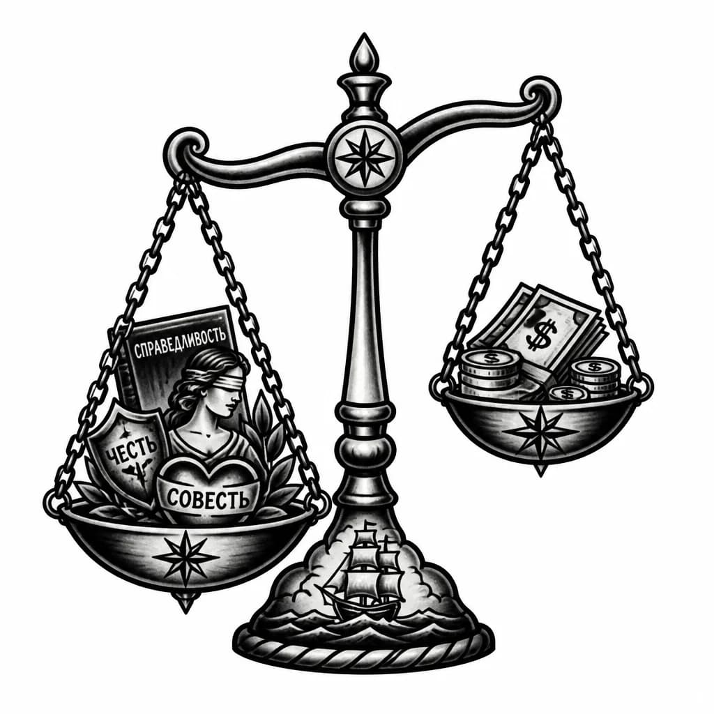 Тату эскиз: На одной чаше весов справедливость честь и совесть,на другой чаше деньги. Справедливость перевешивает сильно.