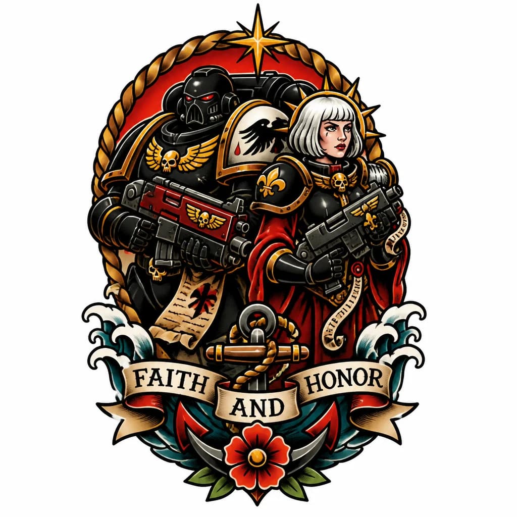 Тату эскиз: Космодесантник Кровавых Воронов и Сестра битвы из вселенной Warhammer 40000