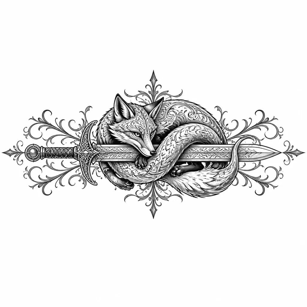 Тату эскиз: Лиса обвивает меч