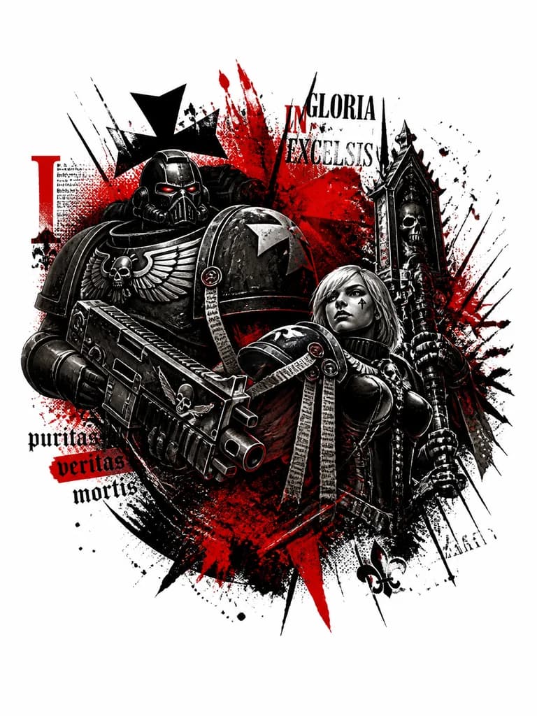 Тату эскиз: Космодесантник и Сестра битвы из вселенной Warhammer 40000