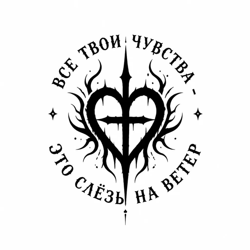 Тату эскиз: В центре логотип группы Три дня дождя в виде сердца с крестом. Сверху и снизу полукругами написан текст