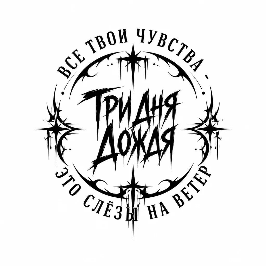 Тату эскиз: В центре логотип группы Три дня дождя. Сверху и снизу полукругами написан текст