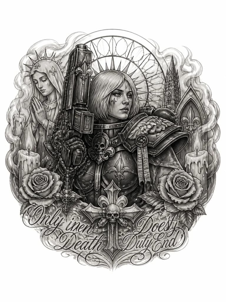 Тату эскиз: Сестра битвы из вселенной Warhammer 40000