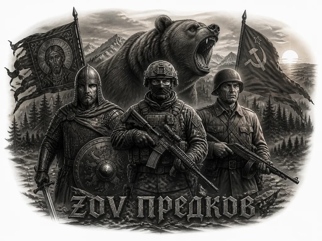 Тату эскиз:  три воина разных эпох, стоящие плечом к плечу на фоне  медведя ревущего с чуть повернутой в право головой , гор, лесного массива  и солнца на закате. Слева — древнерусский воин в кольчуге и шлеме, с мечом и круглым щитом и знамя эпохи Александра Невского  В центре — современный военнослужащий в тактической экипировке (бронежилет, каска, балаклава), с автоматом ак 74м в обвесе с калиматором Справа — солдат времён Великой Отечественной войны в советской форме и каске, с ППШ и советское знам.