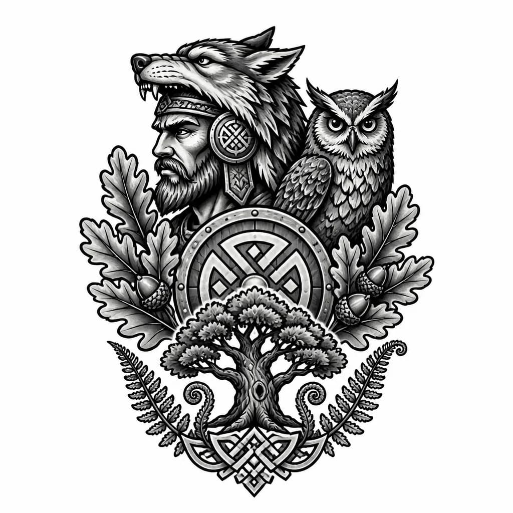 Тату эскиз: Славянский воин, волчий оскал, сова, дуб, листья, желуди , славянский узор папоротник
