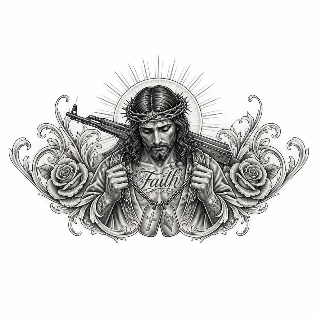 Тату эскиз: Иисус, за спиной автомат, в руках цепочка, а на цепочки два жетона весят
