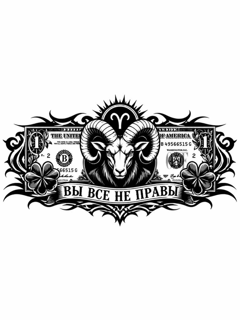 Тату эскиз: Совместить знак зодиака овен, купюру доллара, клевер 