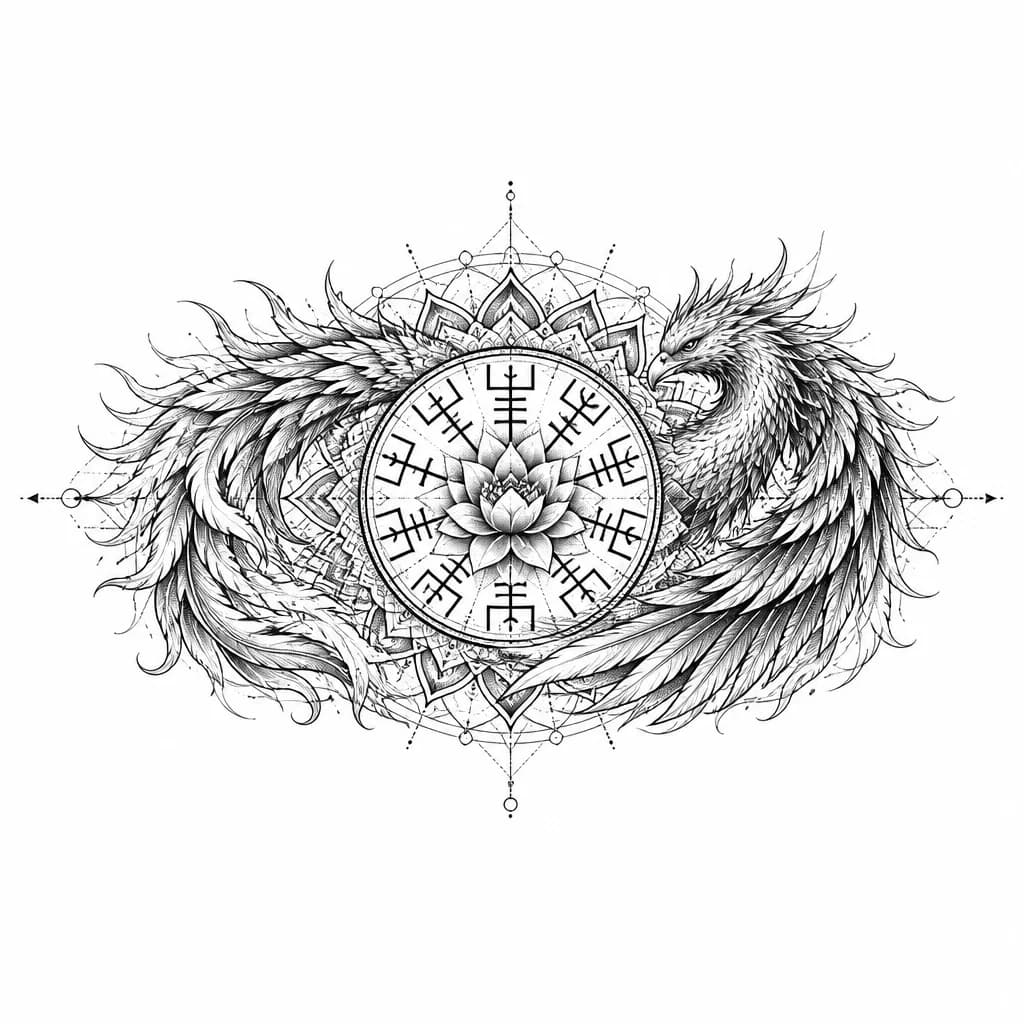 Тату эскиз: Vegvísir окруженный птицей феникс