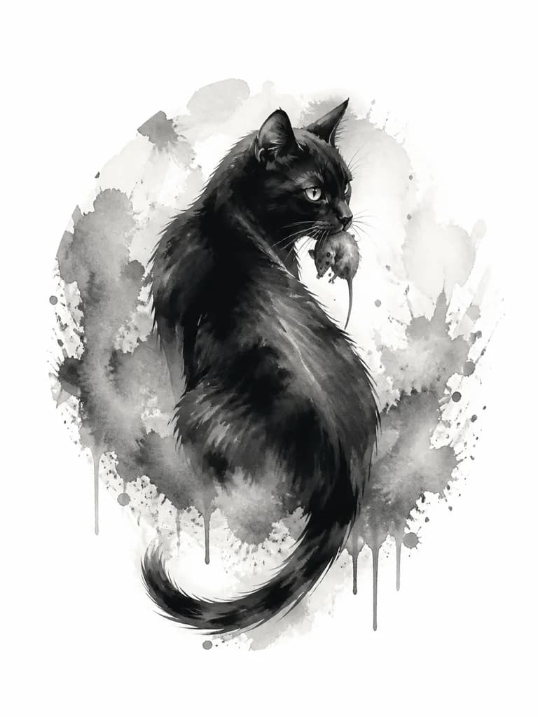 Тату эскиз: чёрная кошка, сидящая спиной, но поворачивающая голову с мышью в зубах. длинный хвост