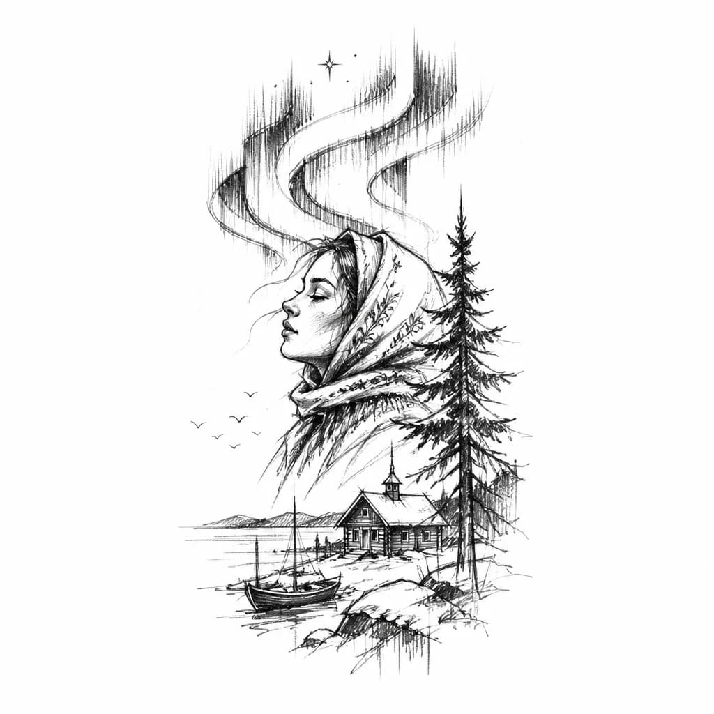 Тату эскиз: Северные мотивы, Поморье, Северное сияние, зима, северная душка, ель 