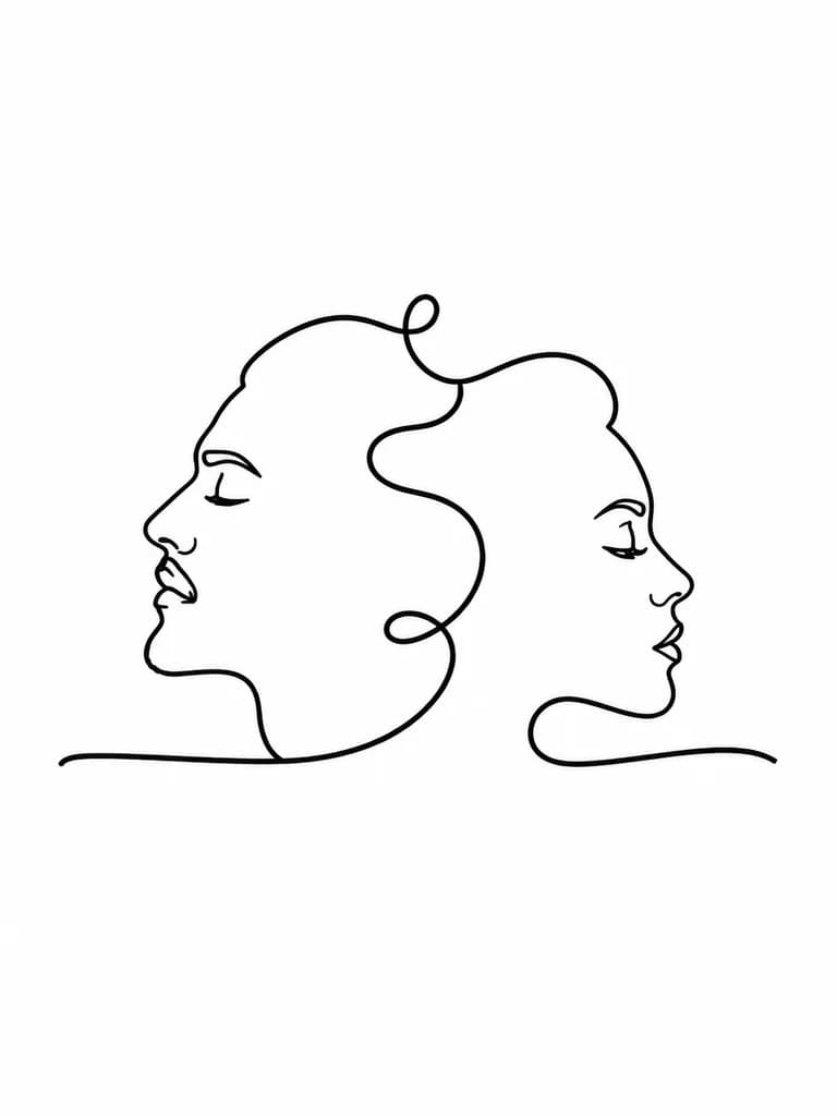 Тату эскиз: Создай эскиз татуировки в стиле single line art (одна непрерывная линия). Объедини в одном контуре два лица с предоставленных фото: профиль двух взрослых людей. Линия должна плавно переходить от черт одного лица к другому, формируя цельный силуэт без разрывов. Акцент на узнаваемых деталях: форма носа, изгиб губ, линия лба и подбородка — сохрани характерные черты обоих людей. Толщина линии 2–3 пикселя, без штриховки, теней и текстур. Фон чисто белый. Композиция вертикальная, сбалансированная, про
