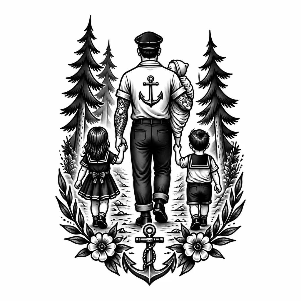 Тату эскиз: папа идет с дочкой 11 лет,сыном 2 года и новорожденой дочкой по лесной тропинке . вид со спины 