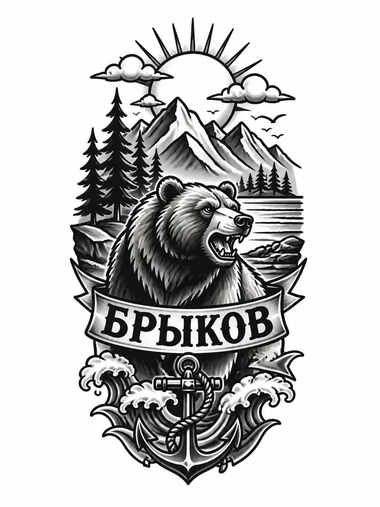 Тату эскиз: Тату к фамилии Брыков 
Связанное с природой с покойствием но в тоже время со звериной мощью
