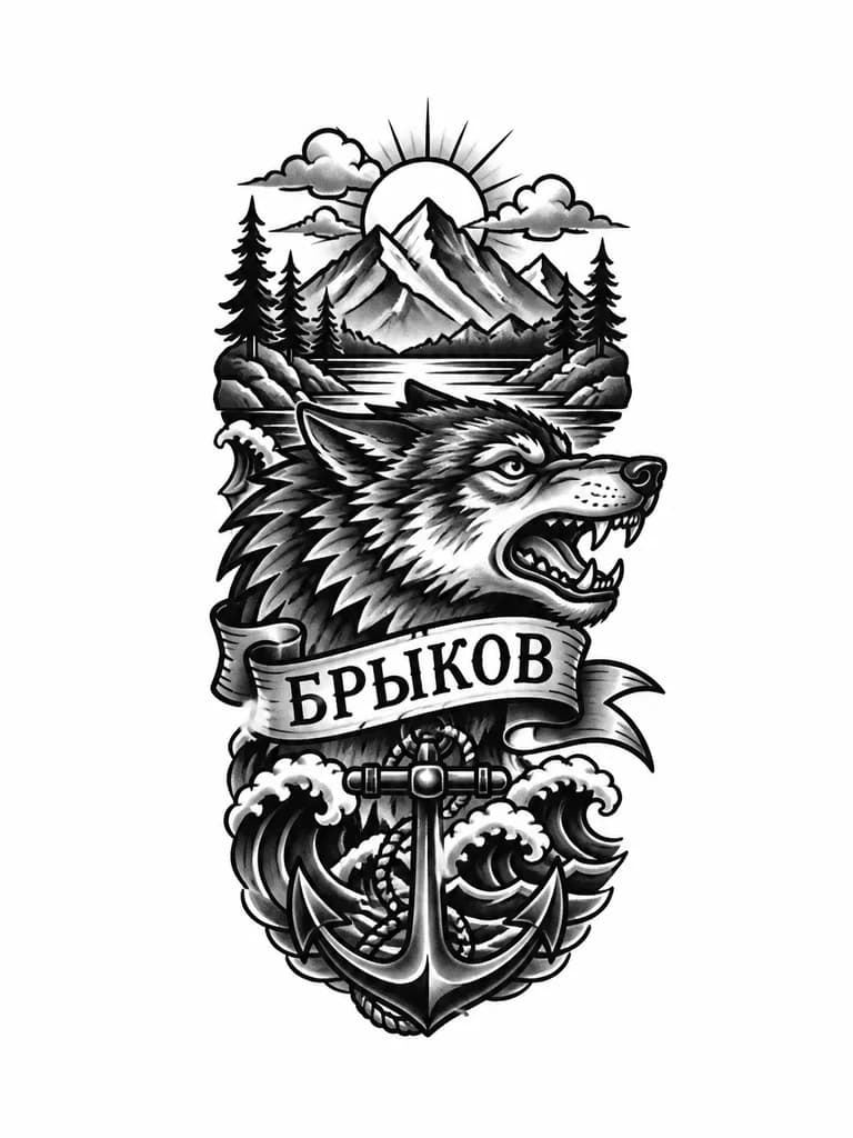 Тату эскиз: Тату к фамилии Брыков 
Связанное с природой с покойствием но в тоже время со звериной мощью

