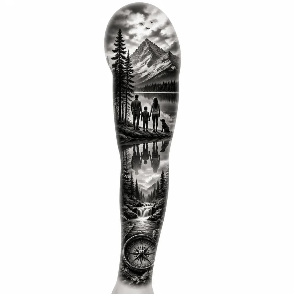 Тату эскиз: A serene lake with mirror-like water surface reflecting the silhouettes of a family with a dog on the shore, surrounded by trees and mountains, black and white ink, monochrome style, contemplative landscape, tattoo flash sheet illustration, white background, high contrast, clean lines