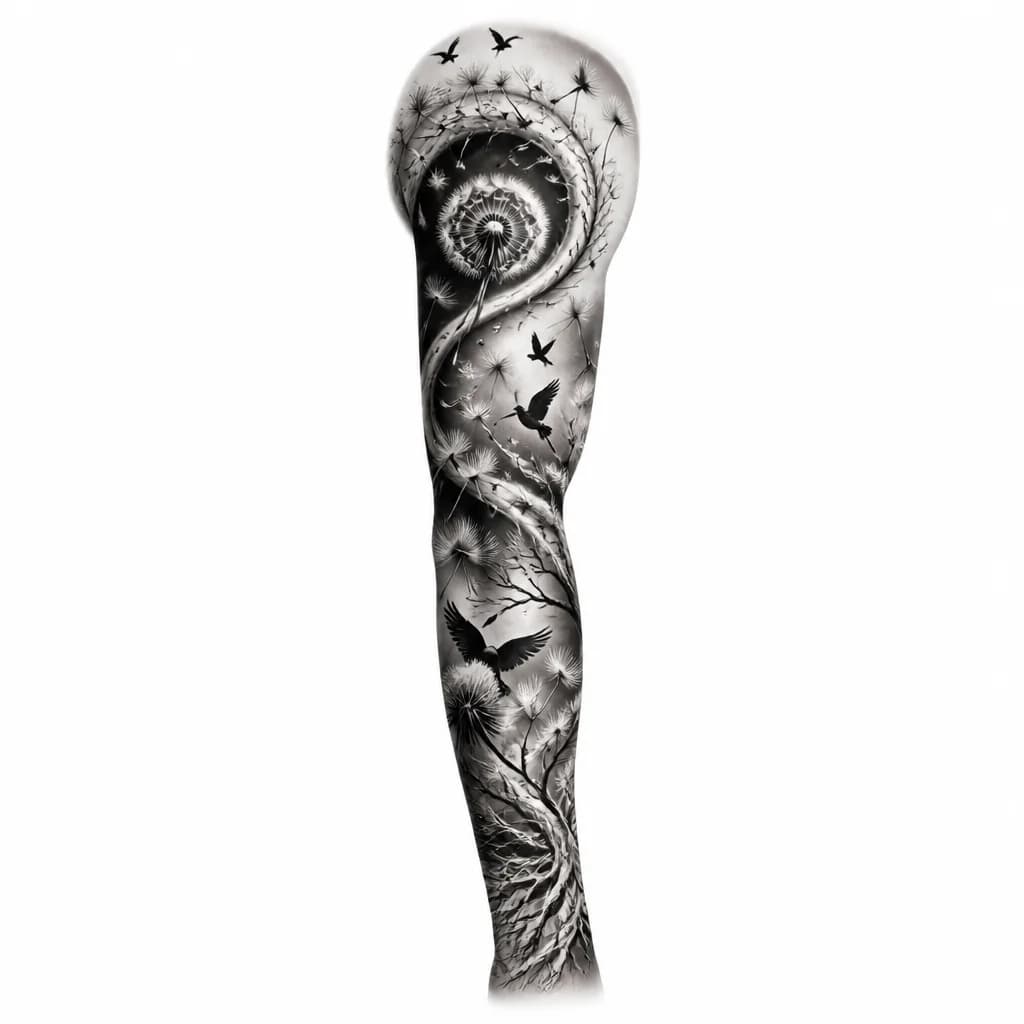 Тату эскиз: A black and white spiral design incorporating dandelion seeds, flying birds, and delicate branches in a continuous upward flow, monochrome ink, intricate geometric and organic patterns blended together, symbolic transformation imagery, tattoo flash sheet illustration, white background, high contrast, clean lines