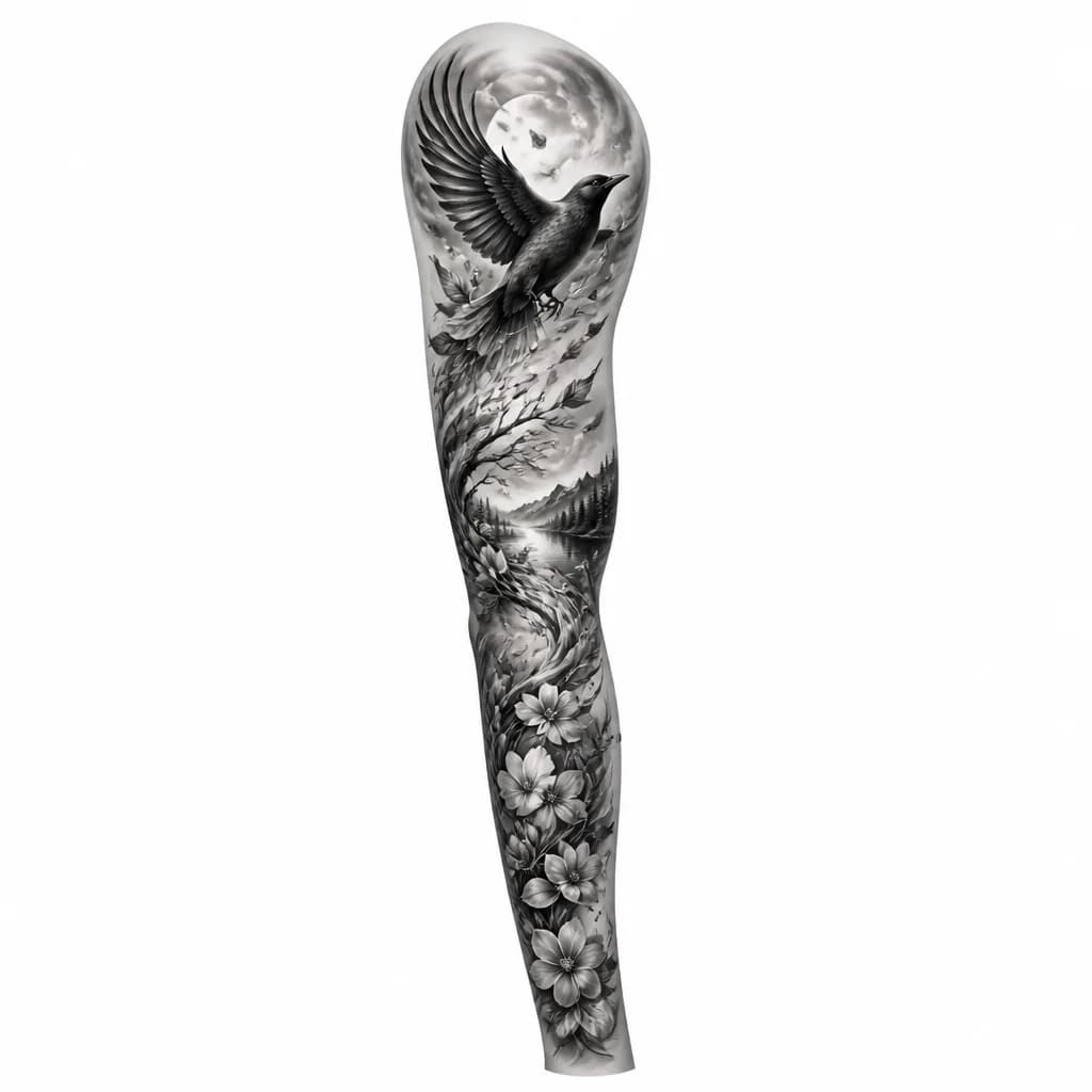 Тату эскиз: A black and white illustration of a flying bird in profile, with flowing tail feathers that transform into falling leaves, flower petals, and botanical elements. The bird's path shows a trail of nature-inspired marks. Monochrome ink, elegant flowing lines, tattoo flash sheet illustration, white background, high contrast, clean lines
