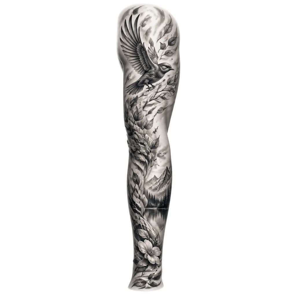 Тату эскиз: A black and white illustration of a flying bird in profile, with flowing tail feathers that transform into falling leaves, flower petals, and botanical elements. The bird's path shows a trail of nature-inspired marks. Monochrome ink, elegant flowing lines, tattoo flash sheet illustration, white background, high contrast, clean lines