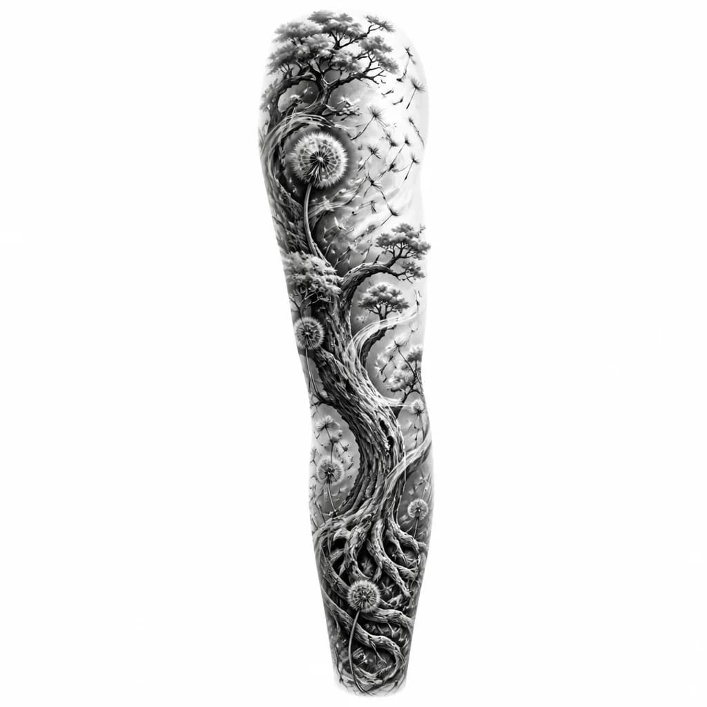 Тату эскиз: Ancient tree with strong visible roots, dandelion seeds floating away from branches on wind currents, black and white line art, flowing organic forms, detailed bark texture, scattered seeds in motion, tattoo flash sheet illustration, white background, high contrast, clean lines