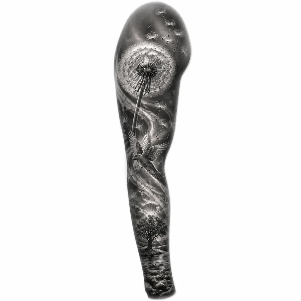 Тату эскиз: A detailed dandelion with seeds dispersing in the wind, some seeds floating away into negative space, black and white ink style, monochrome, delicate botanical illustration, symbolizing release and letting go, tattoo flash sheet illustration, white background, high contrast, clean lines