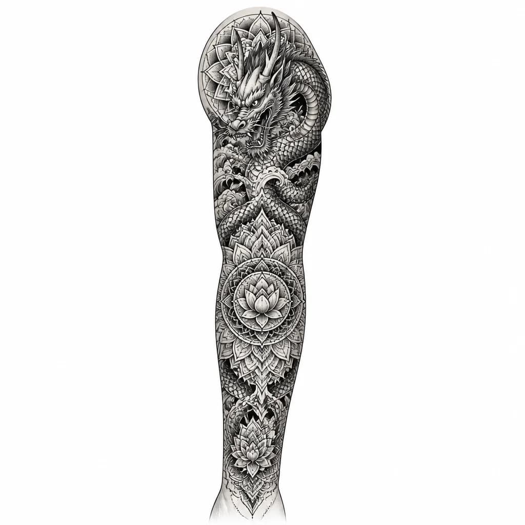 Тату эскиз:  «Japanese dragon tattoo, irezumi style, bold outlines, dense black scales, fierce face, cover-up design».