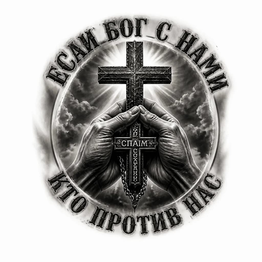 Тату эскиз: Черно белая тату, надпись спам и сохрани, крест, руки с крестом, вокруг надпись если бог с нами кто против нас 