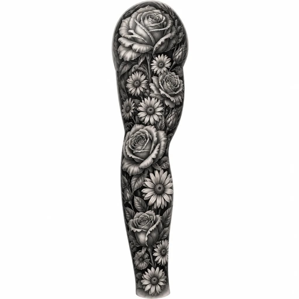Тату эскиз: Full sleeve tattoo design with densely packed roses and daisies interwoven together, black and white monochrome ink style, flowing botanical pattern that covers entire arm, detailed petals and leaves, vintage botanical illustration aesthetic, tattoo flash sheet illustration, white background, high contrast, clean lines