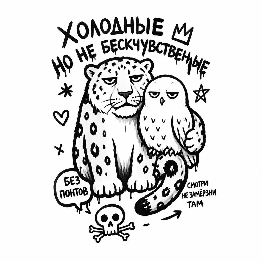 Тату эскиз: Снежный барс с белым филином  в стиле дарк летеринг 