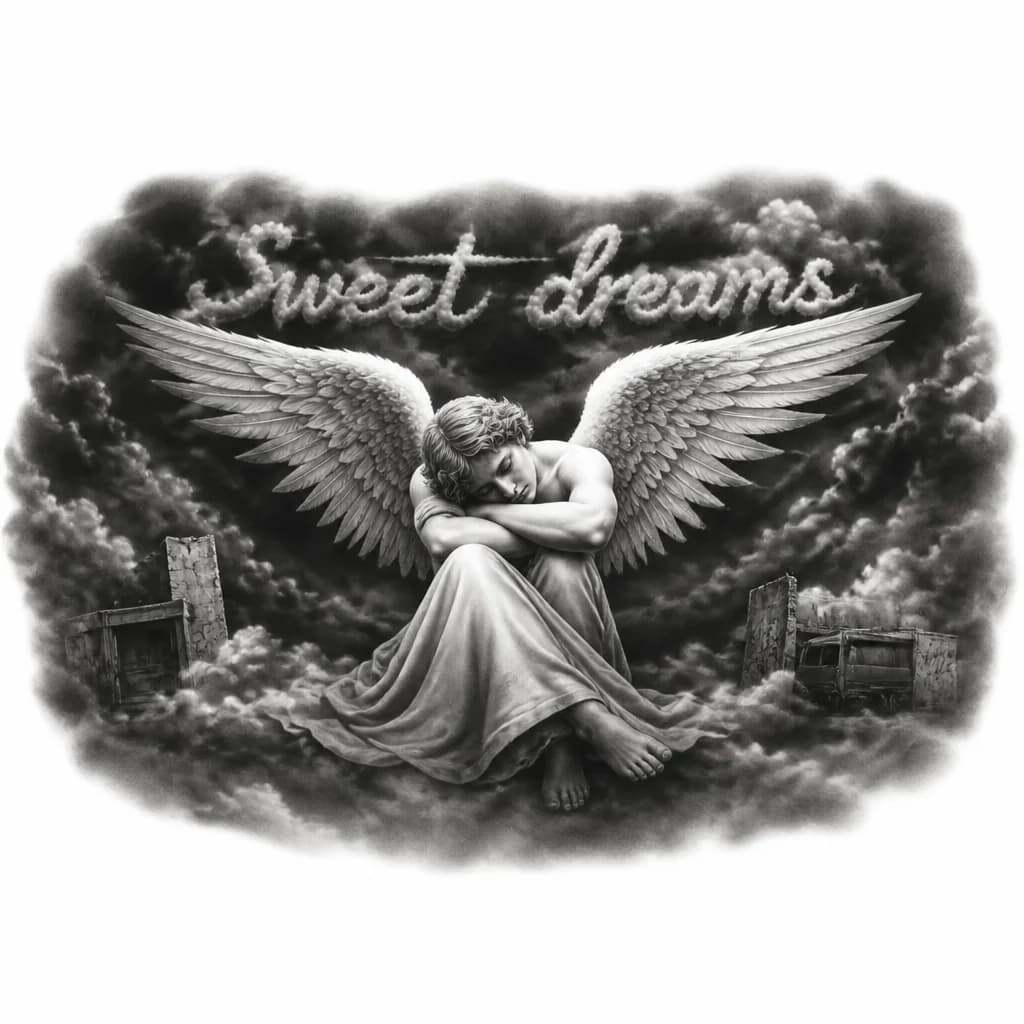 Тату эскиз: взять за идею обложку бульвара депо "sweet dreams" ,вместо самого бульвара добавить ангела 