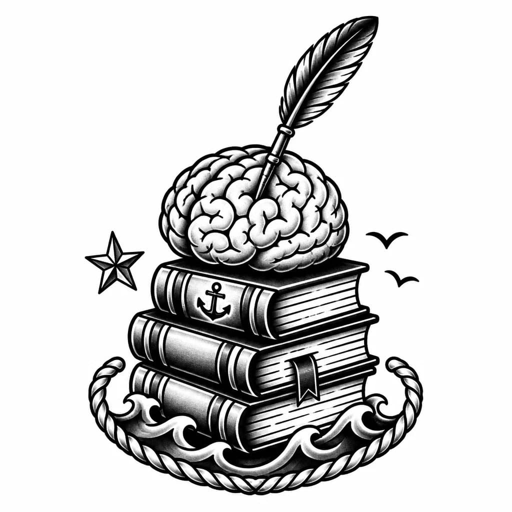 Тату эскиз: Стопка книг  на ней лежит мозг в который воткнуто письменное перо