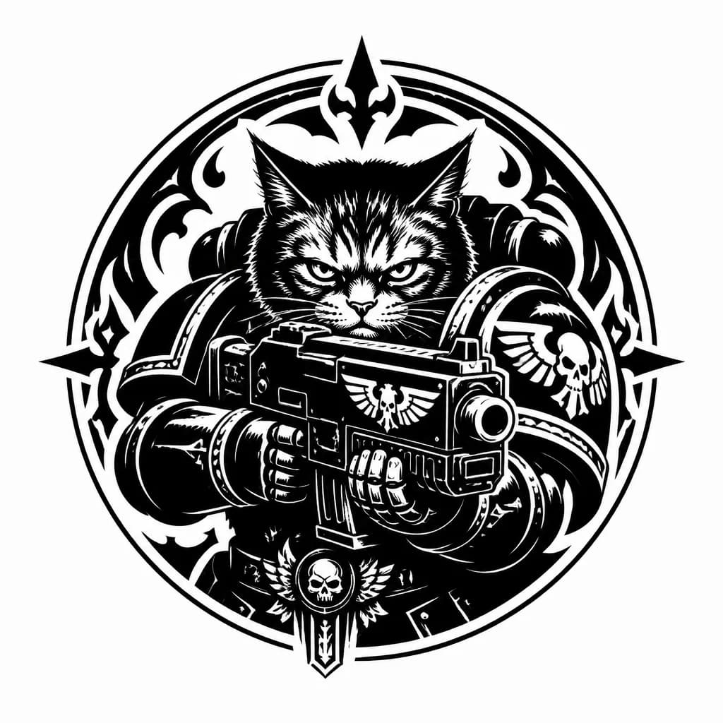 Тату эскиз: Кот космодесандник с суровым лицом держит тяжёлый болтер и целится перед собой 