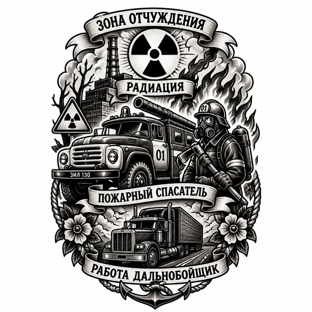 Тату эскиз: Зона отчуждения радиация пожарный спасатель пожарная машина ЗИЛ 130 
Работа дальнобойщик 
