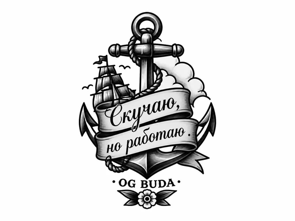 Тату эскиз: Ну руки росписным шрифтом тату: Скучаю, но работаю 
и чуть ниже печатным шрифтом: OG BUDA ❤️