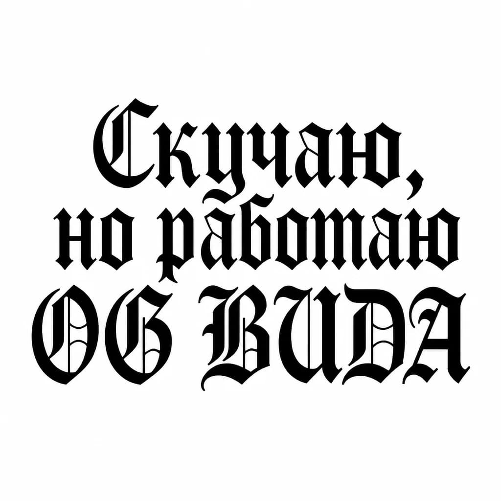 Тату эскиз: Font: Скучаю, но работаю OG BUDA (old english blackletter)