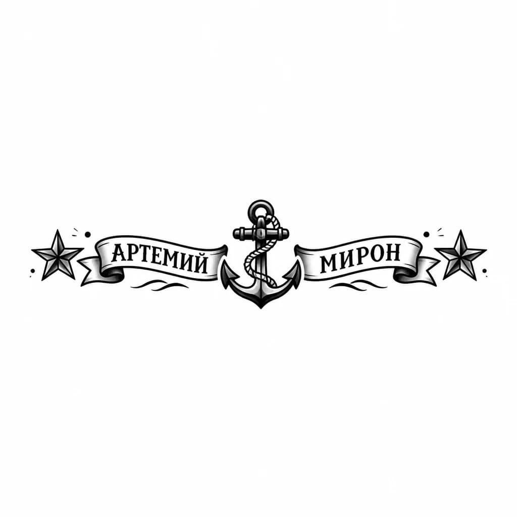 Тату эскиз: На кисти два имени детей мальчиков
Артемий и Мирон
На русском