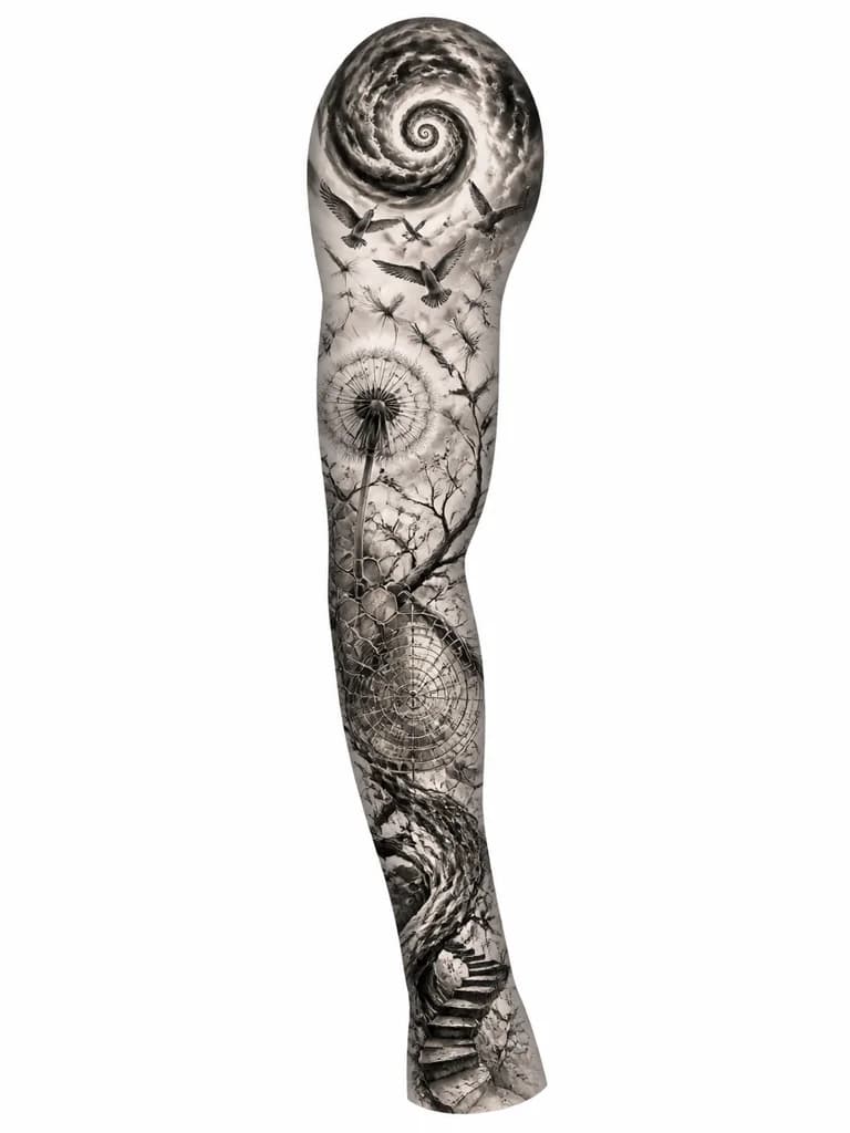 Тату эскиз: A black and white spiral design incorporating dandelion seeds, flying birds, and delicate branches in a continuous upward flow, monochrome ink, intricate geometric and organic patterns blended together, symbolic transformation imagery, tattoo flash sheet illustration, white background, high contrast, clean lines
плотно забитый рукав