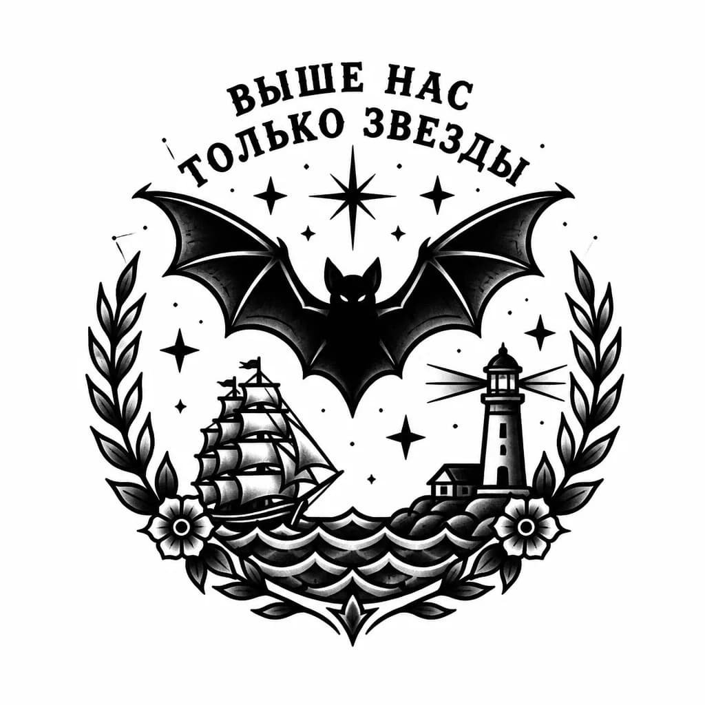 Тату эскиз: Черная сплошная летучая мышь с надписью выше нас только звезды