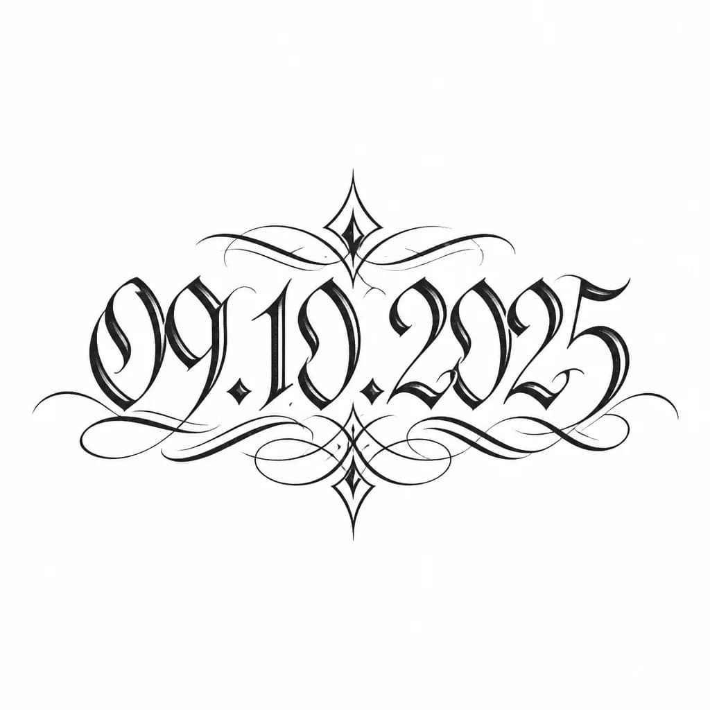 Тату эскиз: Тату в стиле каллиграфии даты рождения 09.10.2025